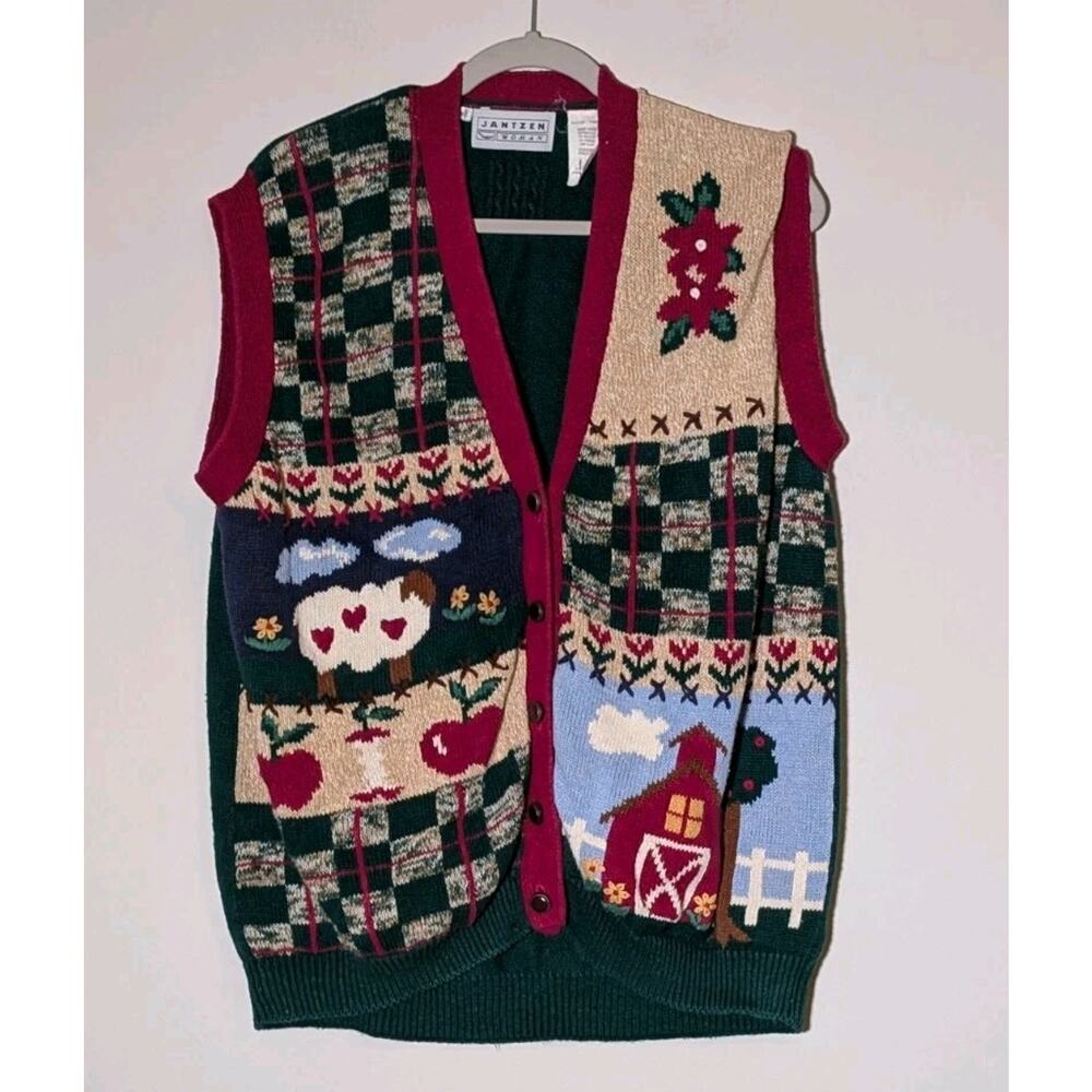 Vtg Jantzen Hand Embroidered Farmland Teacher Design Knit Cardigan Women's Sz 1X